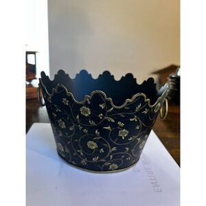 Vintage Chinoiserie Metal Cachepot Planter Scalloped Rim